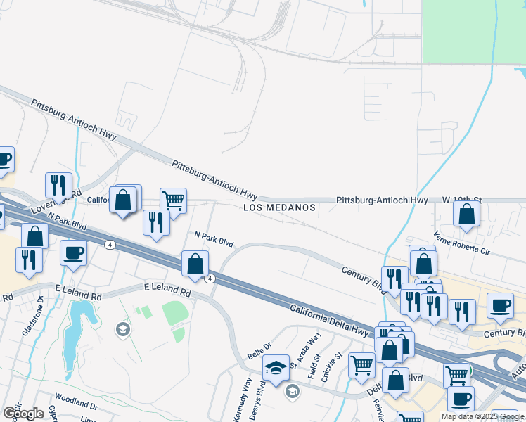 map of restaurants, bars, coffee shops, grocery stores, and more near 2750 California Avenue in Pittsburg
