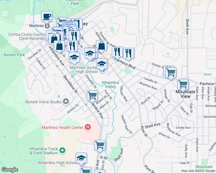 map of restaurants, bars, coffee shops, grocery stores, and more near 802 Robinson Street in Martinez