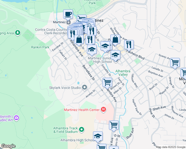 map of restaurants, bars, coffee shops, grocery stores, and more near 1503 Berrellesa Street in Martinez