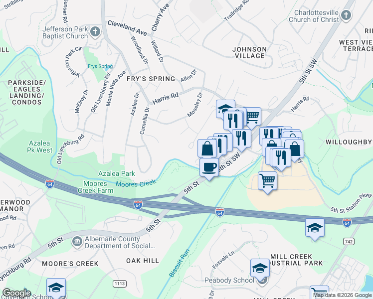map of restaurants, bars, coffee shops, grocery stores, and more near 150 Longwood Drive in Charlottesville