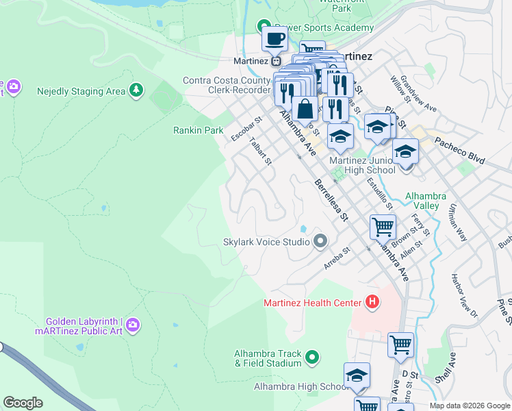 map of restaurants, bars, coffee shops, grocery stores, and more near 1087 Hillside Drive in Martinez