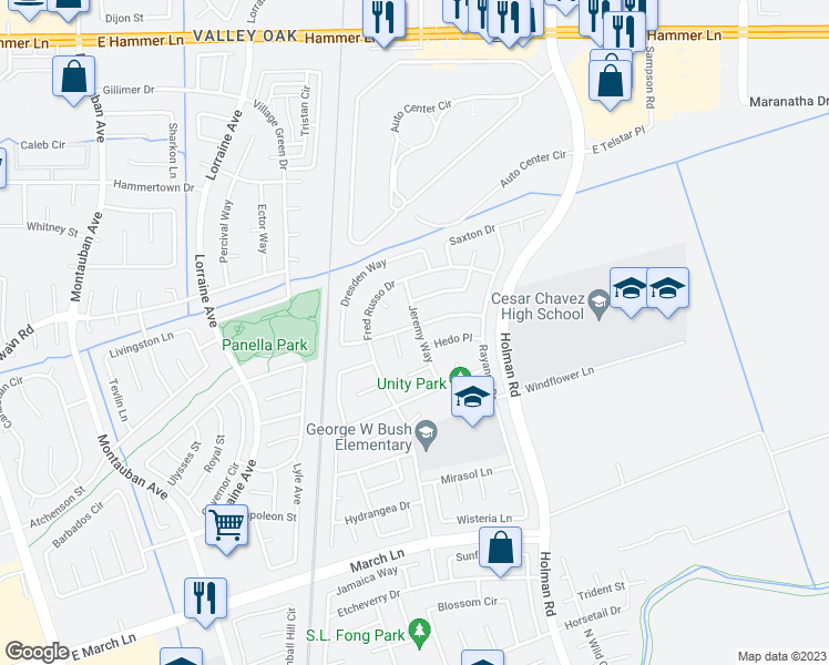 map of restaurants, bars, coffee shops, grocery stores, and more near 2676 Keyser Drive in Stockton