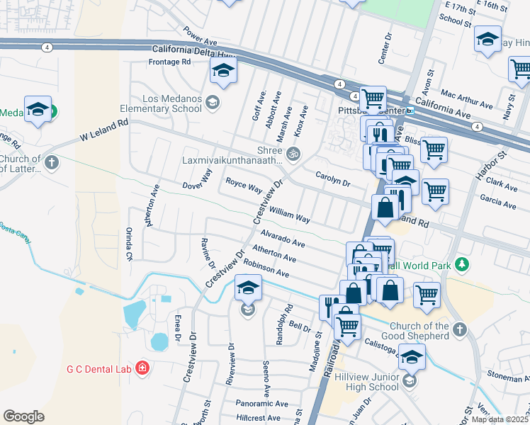map of restaurants, bars, coffee shops, grocery stores, and more near 132 Alvarado Avenue in Pittsburg