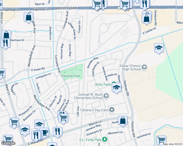 map of restaurants, bars, coffee shops, grocery stores, and more near 5813 Fred Russo Drive in Stockton