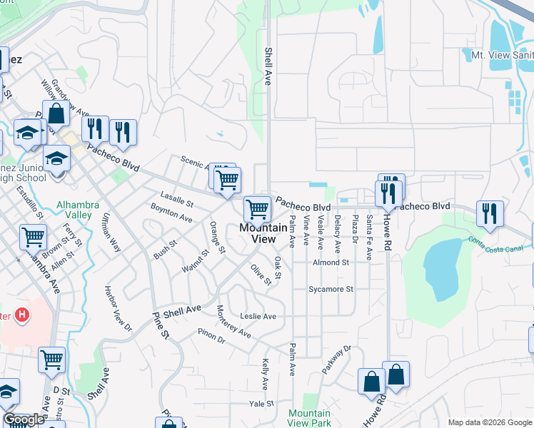 map of restaurants, bars, coffee shops, grocery stores, and more near 1351 Shell Avenue in Martinez
