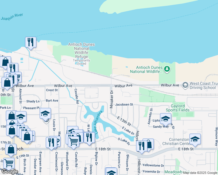 map of restaurants, bars, coffee shops, grocery stores, and more near 904 Minaker Drive in Antioch