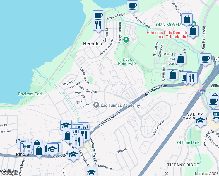 map of restaurants, bars, coffee shops, grocery stores, and more near 100 Dunham Court in Hercules