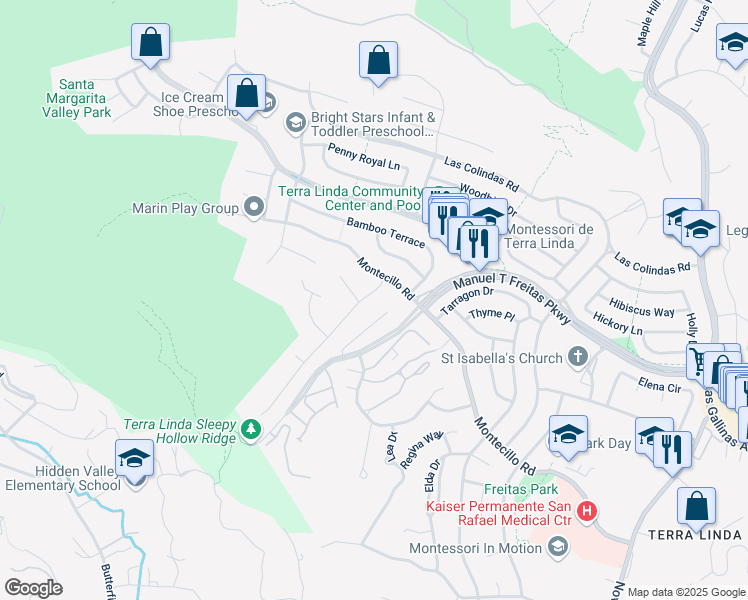 map of restaurants, bars, coffee shops, grocery stores, and more near 41 Sandalwood Court in San Rafael