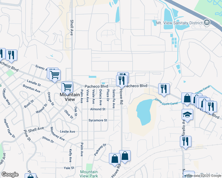 map of restaurants, bars, coffee shops, grocery stores, and more near 3014 Pacheco Boulevard in Martinez