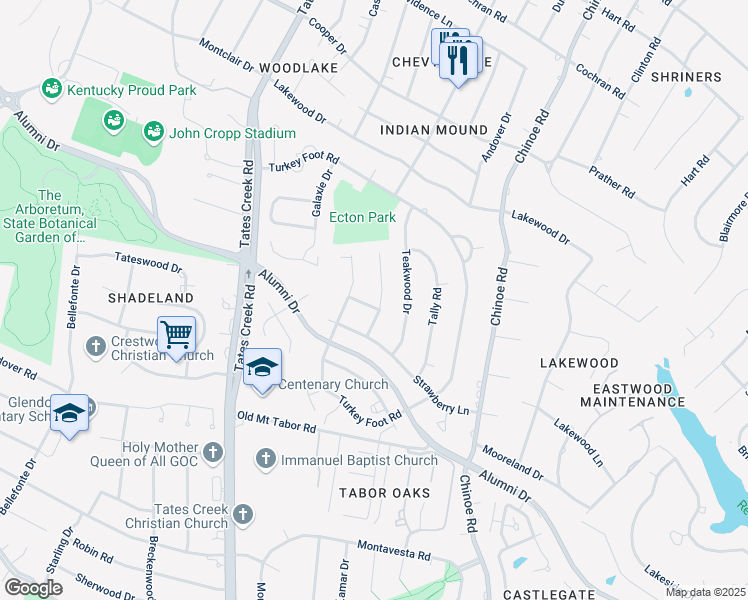 map of restaurants, bars, coffee shops, grocery stores, and more near 609 Centennial Lane in Lexington