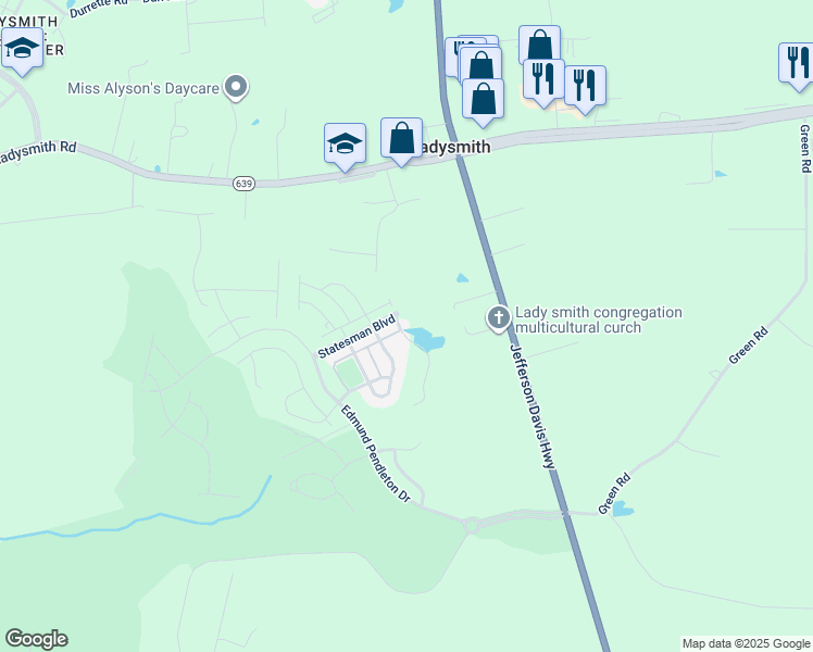 map of restaurants, bars, coffee shops, grocery stores, and more near 18279 Democracy Avenue in Ruther Glen