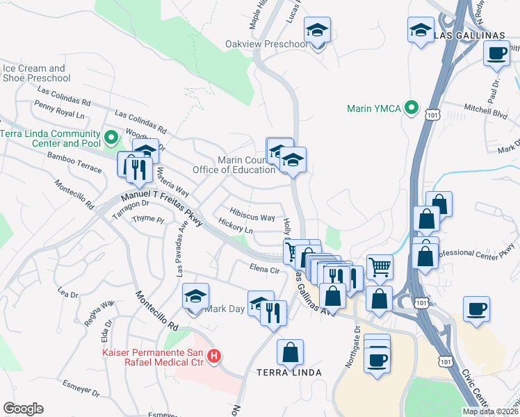 map of restaurants, bars, coffee shops, grocery stores, and more near 381 Hibiscus Way in San Rafael