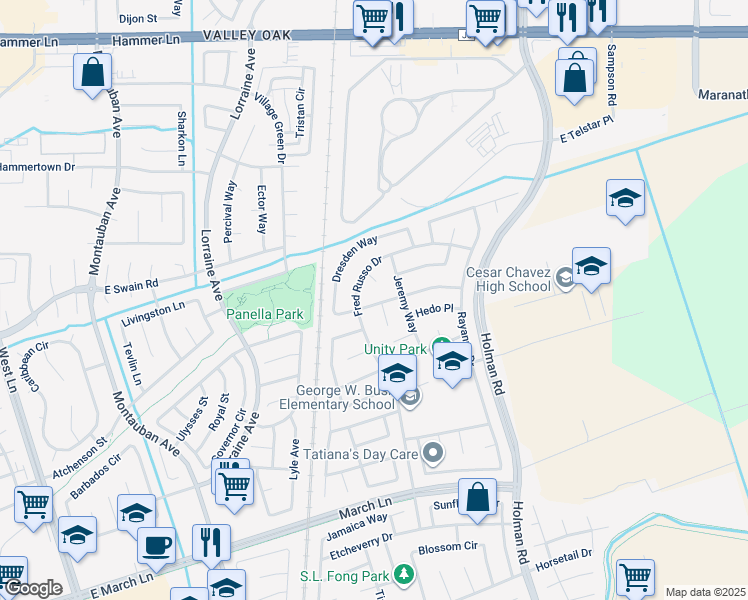 map of restaurants, bars, coffee shops, grocery stores, and more near 2631 Keyser Drive in Stockton