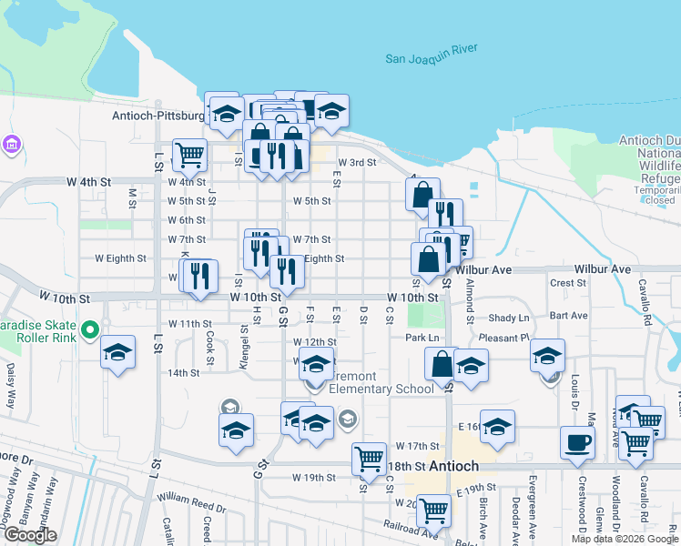 map of restaurants, bars, coffee shops, grocery stores, and more near 322 West 9th Street in Antioch