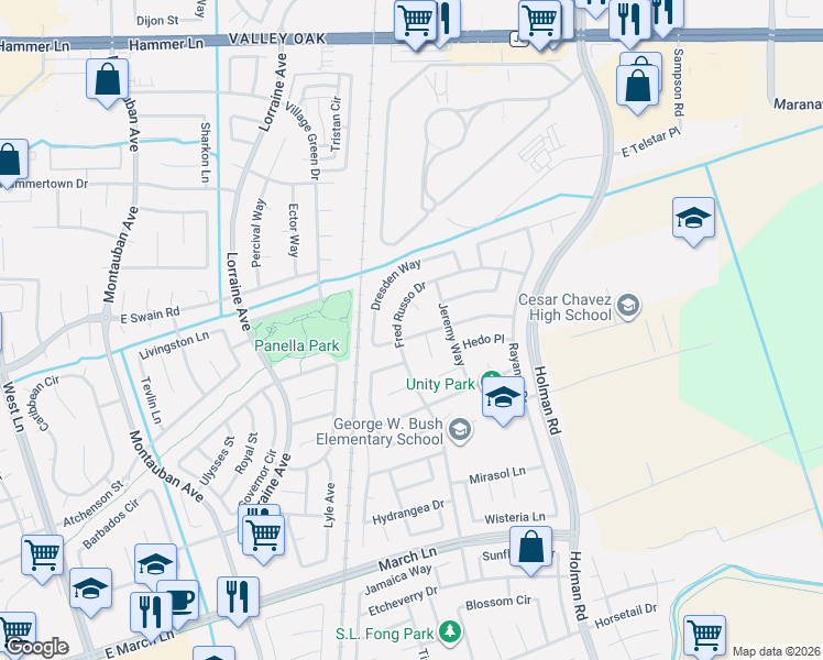 map of restaurants, bars, coffee shops, grocery stores, and more near 5735 Krissi Court in Stockton
