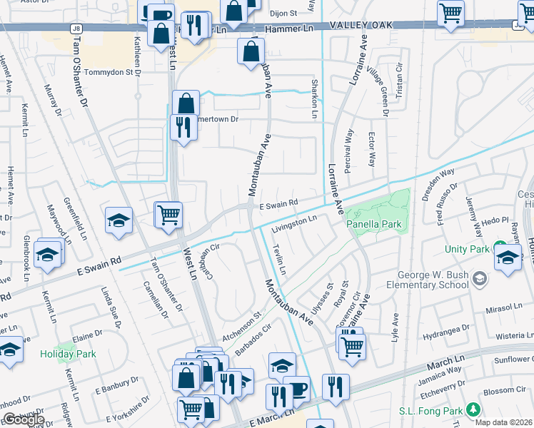 map of restaurants, bars, coffee shops, grocery stores, and more near 2025 Livingston Lane in Stockton