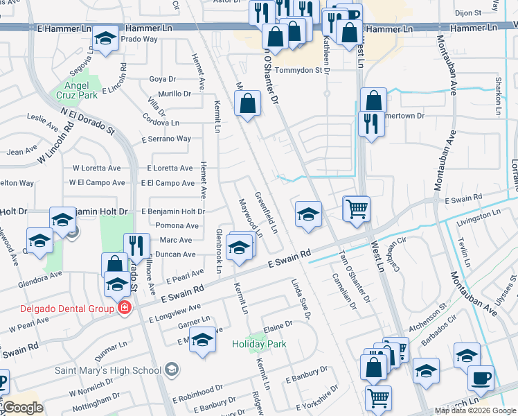map of restaurants, bars, coffee shops, grocery stores, and more near 6202 Greenfield Lane in Stockton