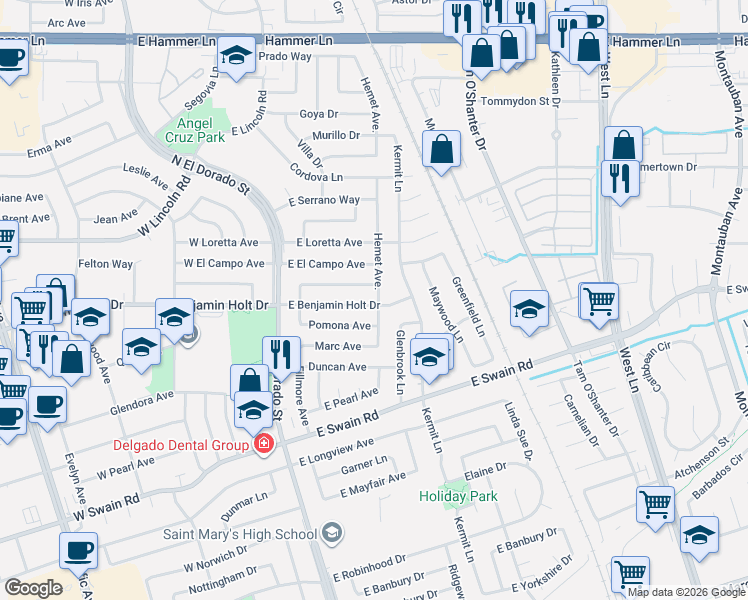 map of restaurants, bars, coffee shops, grocery stores, and more near 421 Pomona Avenue in Stockton