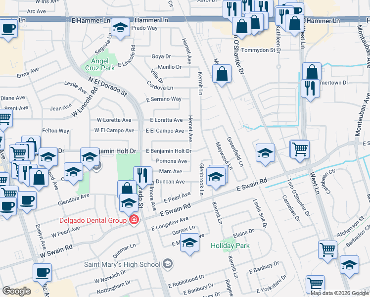 map of restaurants, bars, coffee shops, grocery stores, and more near 421 Pomona Avenue in Stockton
