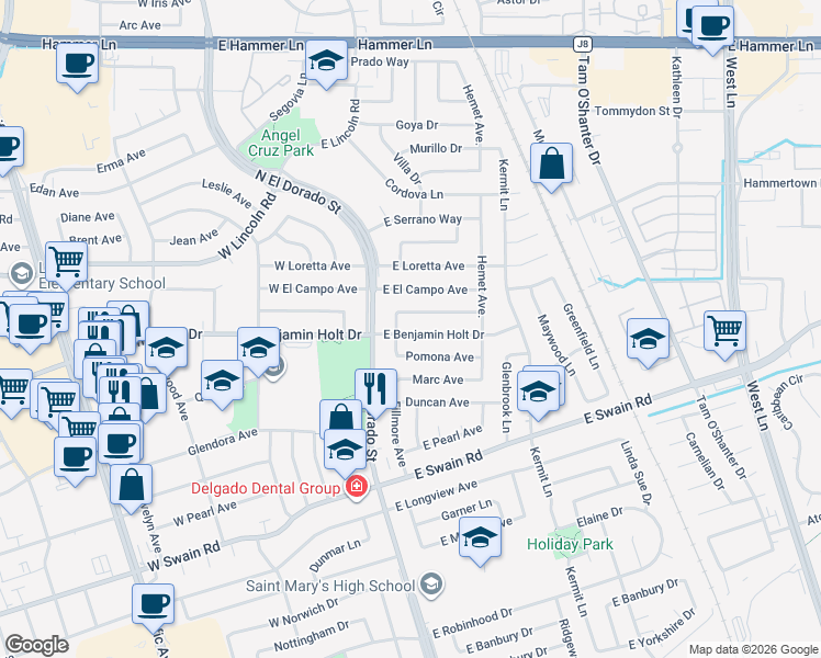 map of restaurants, bars, coffee shops, grocery stores, and more near 6321 Fillmore Avenue in Stockton