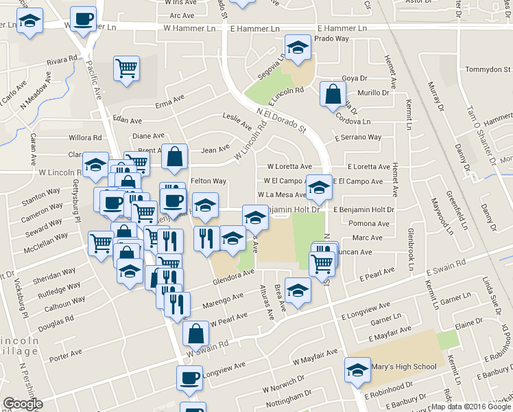 map of restaurants, bars, coffee shops, grocery stores, and more near 128 West Benjamin Holt Drive in Stockton