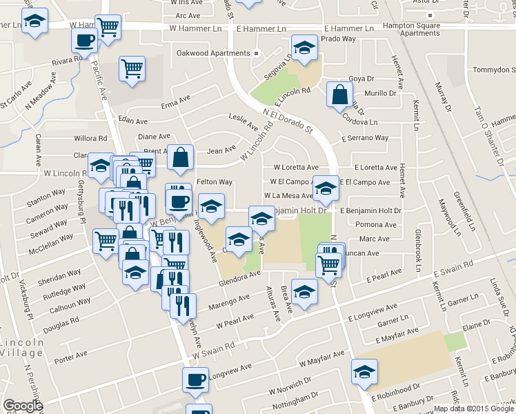 map of restaurants, bars, coffee shops, grocery stores, and more near 230 West Benjamin Holt Drive in Stockton