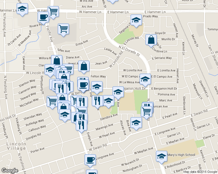 map of restaurants, bars, coffee shops, grocery stores, and more near 230 West Benjamin Holt Drive in Stockton