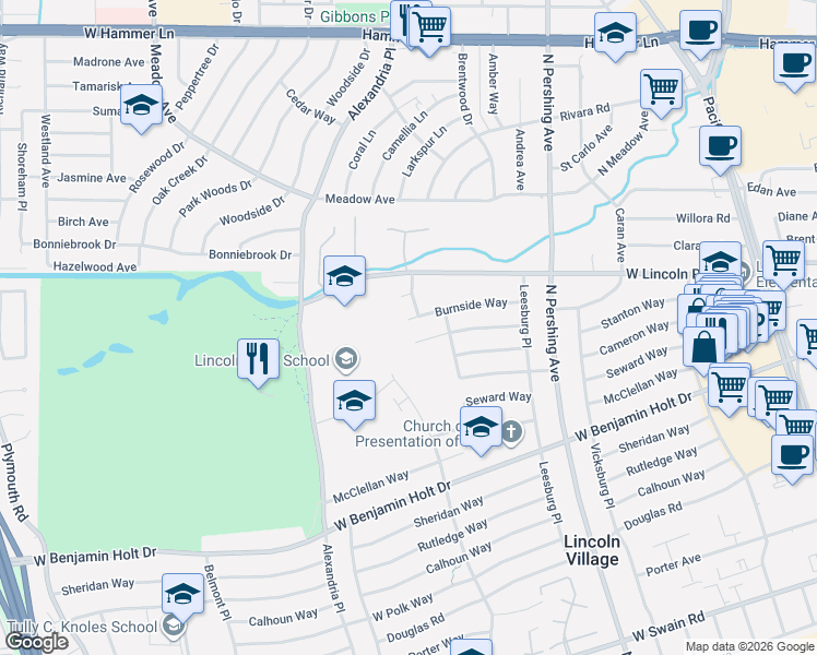 map of restaurants, bars, coffee shops, grocery stores, and more near 1748 Greeley Way in Stockton