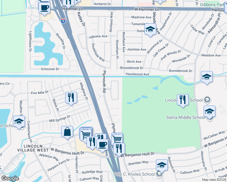 map of restaurants, bars, coffee shops, grocery stores, and more near 7009 Bridgeport Circle in Stockton