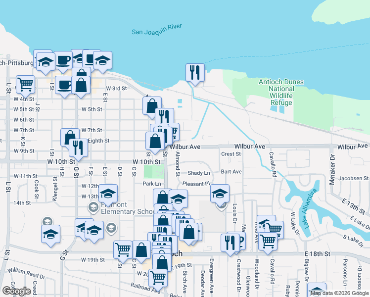 map of restaurants, bars, coffee shops, grocery stores, and more near 101 Beede Way in Antioch