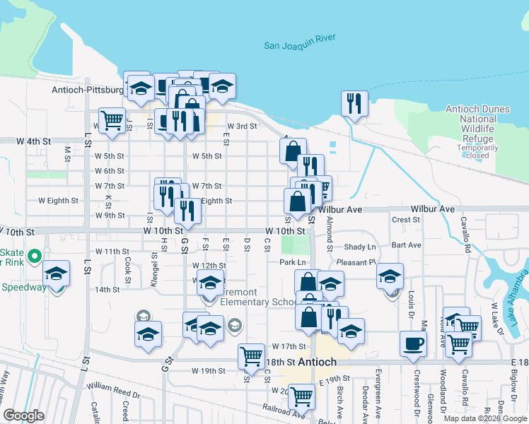 map of restaurants, bars, coffee shops, grocery stores, and more near 908 C Street in Antioch