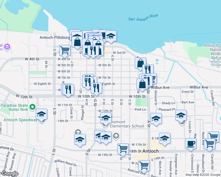 map of restaurants, bars, coffee shops, grocery stores, and more near 412 West 10th Street in Antioch