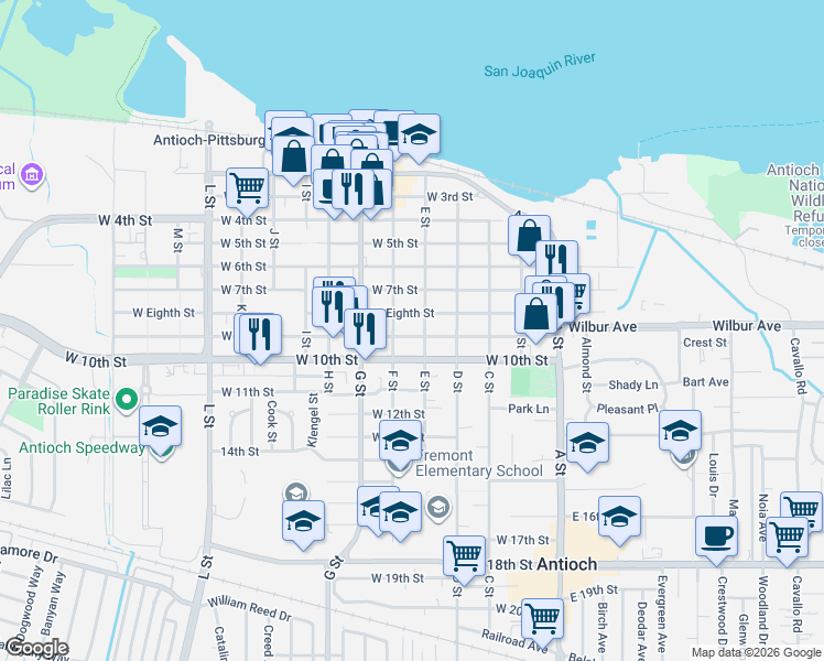 map of restaurants, bars, coffee shops, grocery stores, and more near 412 West 10th Street in Antioch