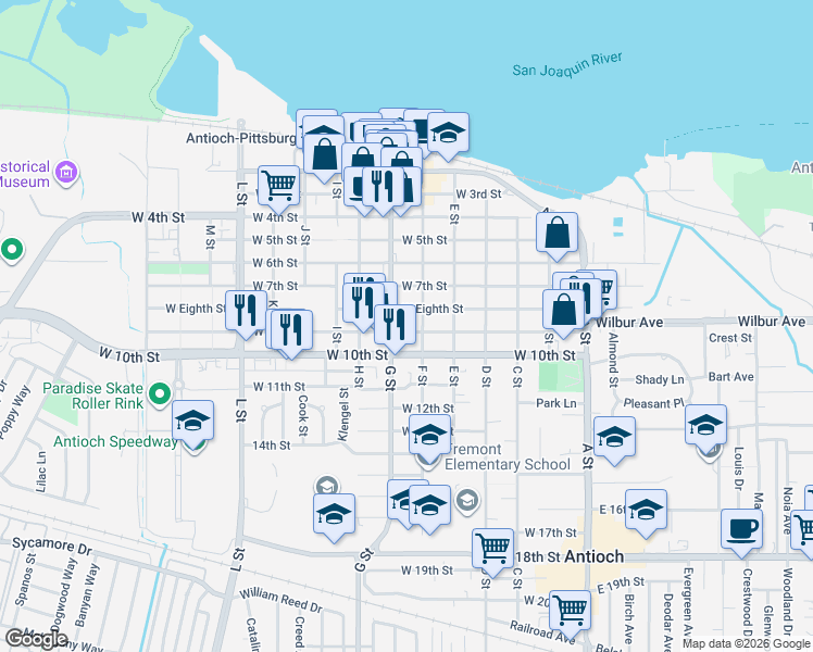 map of restaurants, bars, coffee shops, grocery stores, and more near in Antioch