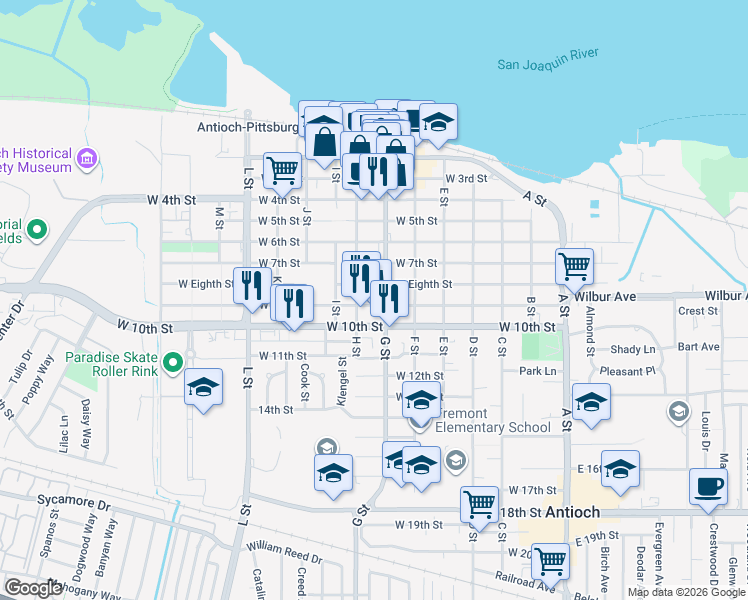 map of restaurants, bars, coffee shops, grocery stores, and more near 909 H Street in Antioch