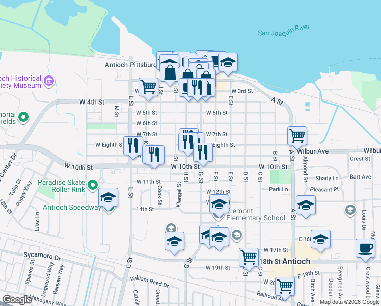 map of restaurants, bars, coffee shops, grocery stores, and more near 909 H Street in Antioch