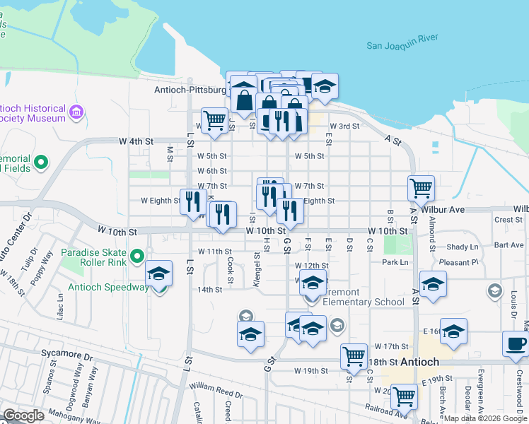 map of restaurants, bars, coffee shops, grocery stores, and more near 909 H Street in Antioch