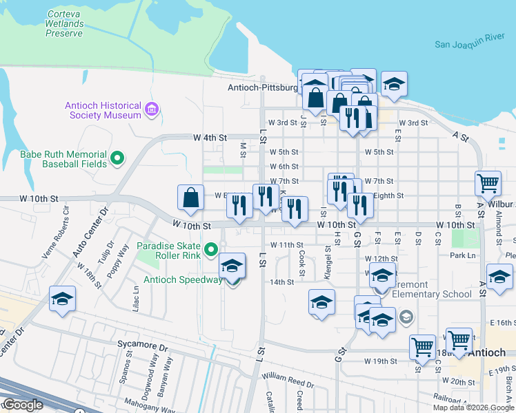 map of restaurants, bars, coffee shops, grocery stores, and more near 925 L Street in Antioch