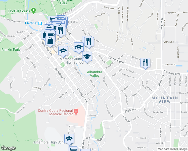 map of restaurants, bars, coffee shops, grocery stores, and more near 802 Robinson Street in Martinez