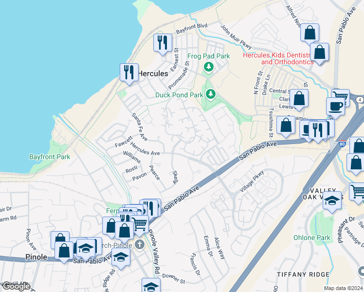 map of restaurants, bars, coffee shops, grocery stores, and more near 100 Dunham Court in Hercules