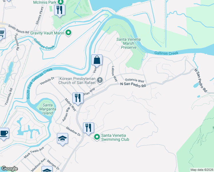 map of restaurants, bars, coffee shops, grocery stores, and more near 24 Adrian Terrace in San Rafael