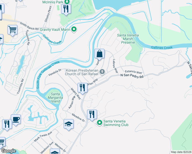 map of restaurants, bars, coffee shops, grocery stores, and more near 40 Adrian Terrace in San Rafael