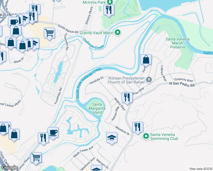 map of restaurants, bars, coffee shops, grocery stores, and more near 133 Mabry Way in San Rafael
