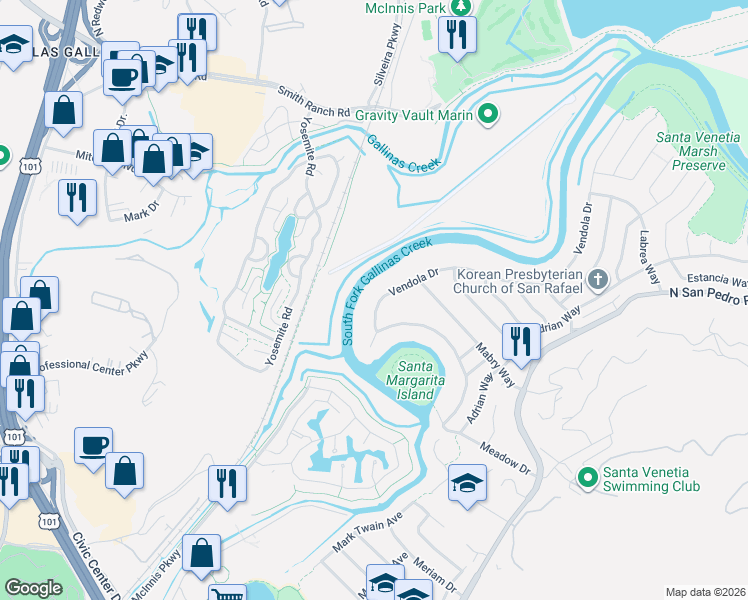 map of restaurants, bars, coffee shops, grocery stores, and more near 112 Vendola Drive in San Rafael