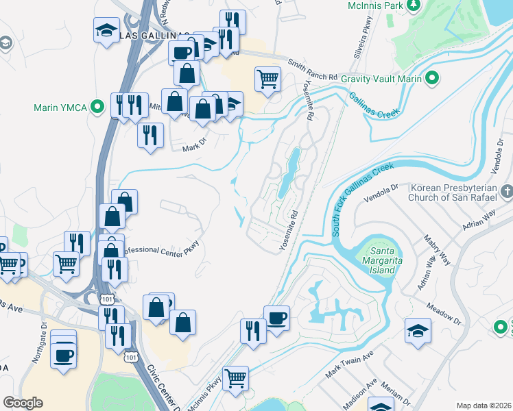 map of restaurants, bars, coffee shops, grocery stores, and more near 262 Mesa Verde Way in San Rafael