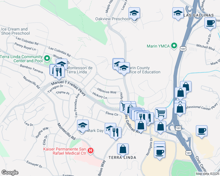 map of restaurants, bars, coffee shops, grocery stores, and more near 381 Hibiscus Way in San Rafael