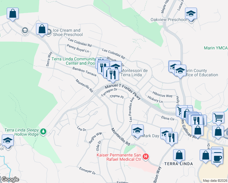 map of restaurants, bars, coffee shops, grocery stores, and more near 575 Thyme Place in San Rafael