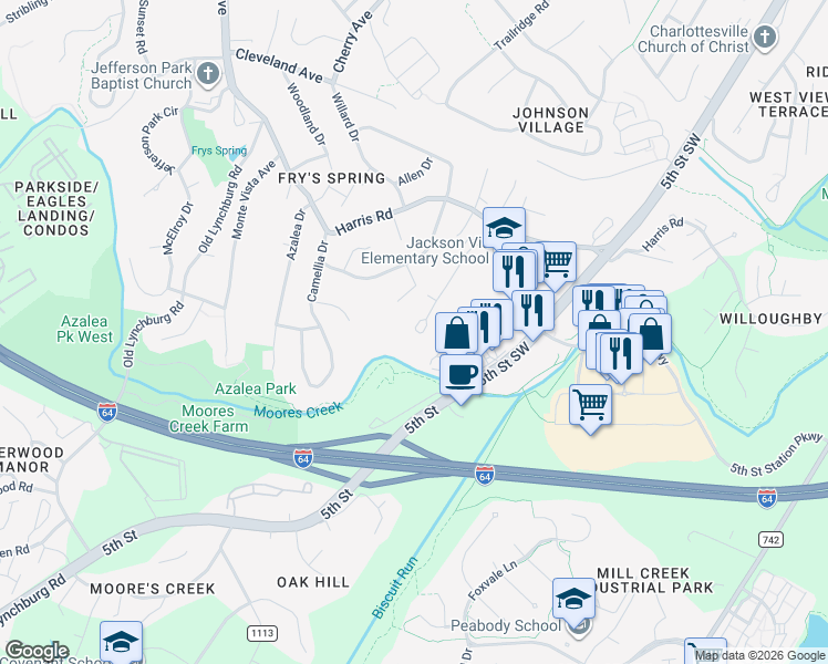 map of restaurants, bars, coffee shops, grocery stores, and more near 150 Longwood Drive in Charlottesville
