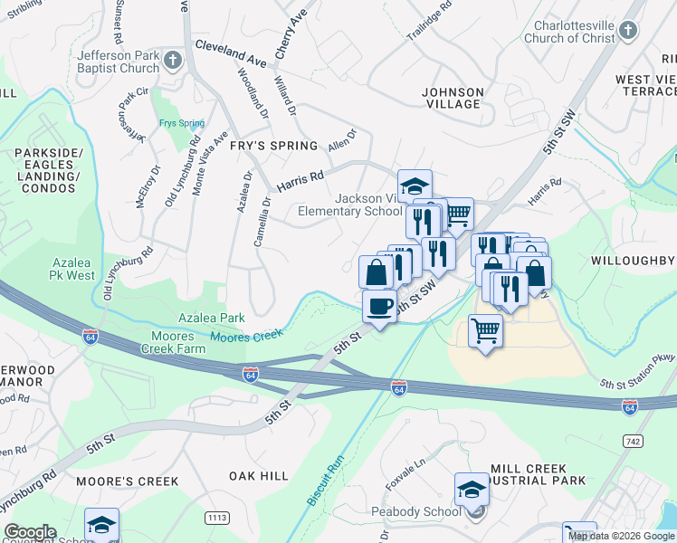 map of restaurants, bars, coffee shops, grocery stores, and more near 150 Longwood Drive in Charlottesville