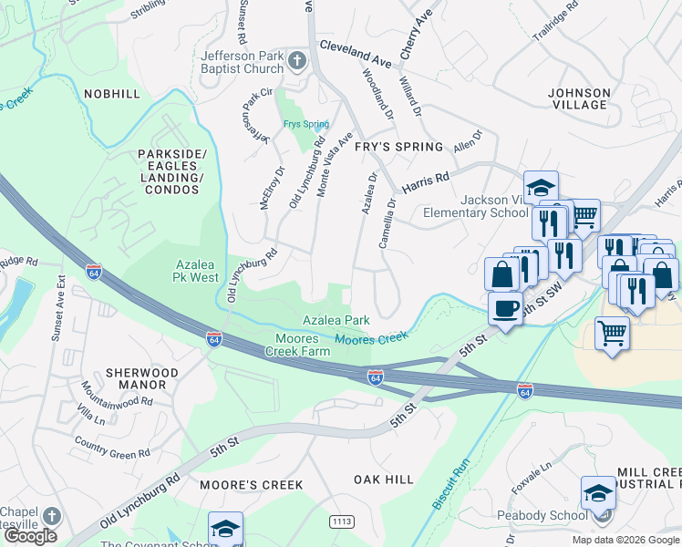 map of restaurants, bars, coffee shops, grocery stores, and more near 301 Azalea Drive in Charlottesville